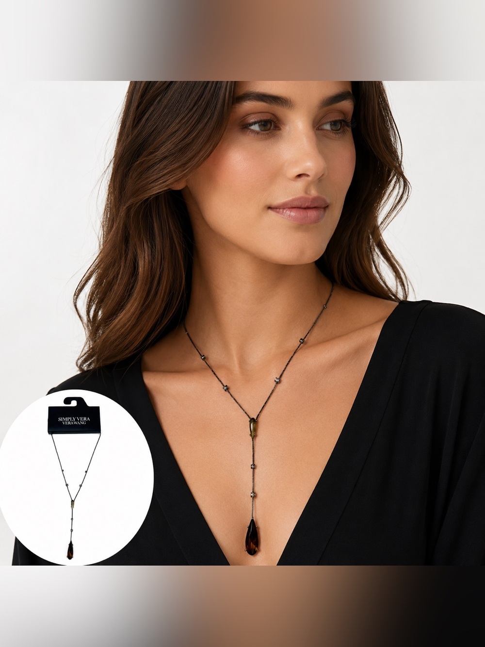 Simply Vera Vera Wang Y Necklace Brown Teardrop Pendant Gunmetal Crystal Accent